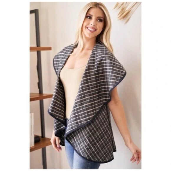 NWT Boutique Dark charcoal and tan checkered wool-blend vests - Picture 1 of 6